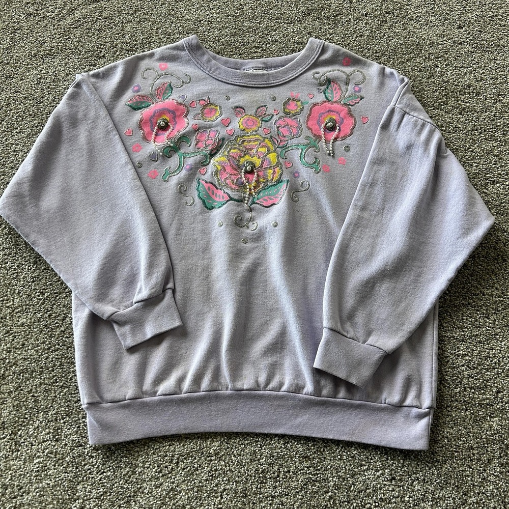 Vintage Variety Sweatshirt Womens XL Purple Fleece Floral Glitter Beaded Graphic